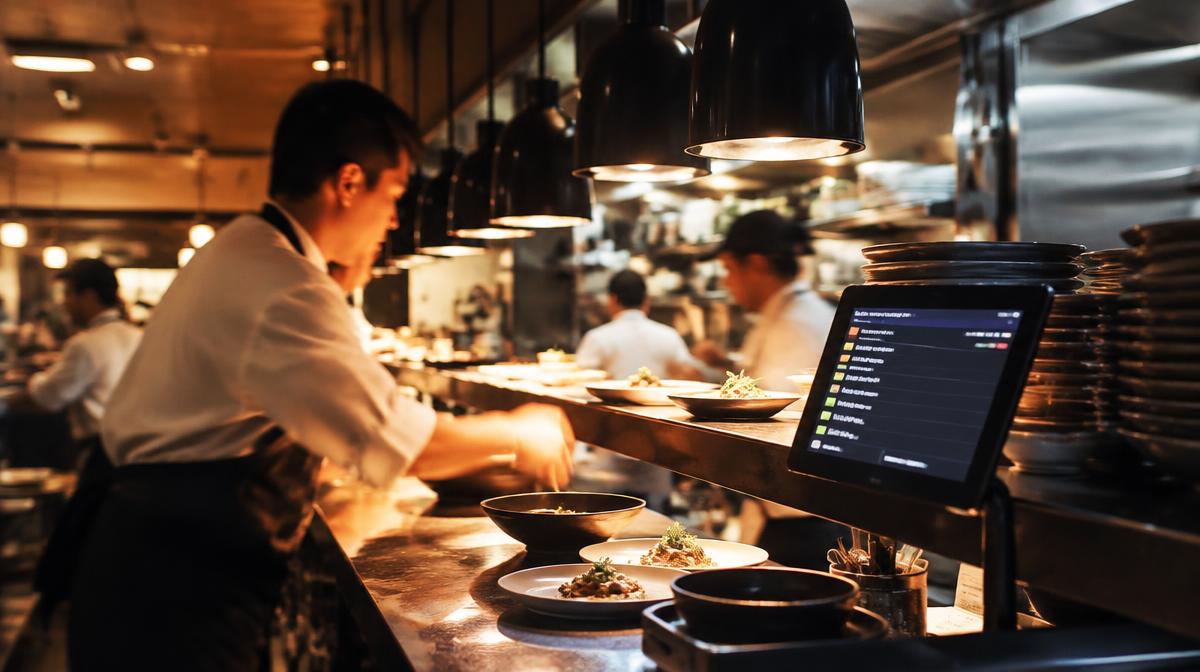 Cuisine de restaurant en plein service avec une tablette affichant les commandes sur le passe