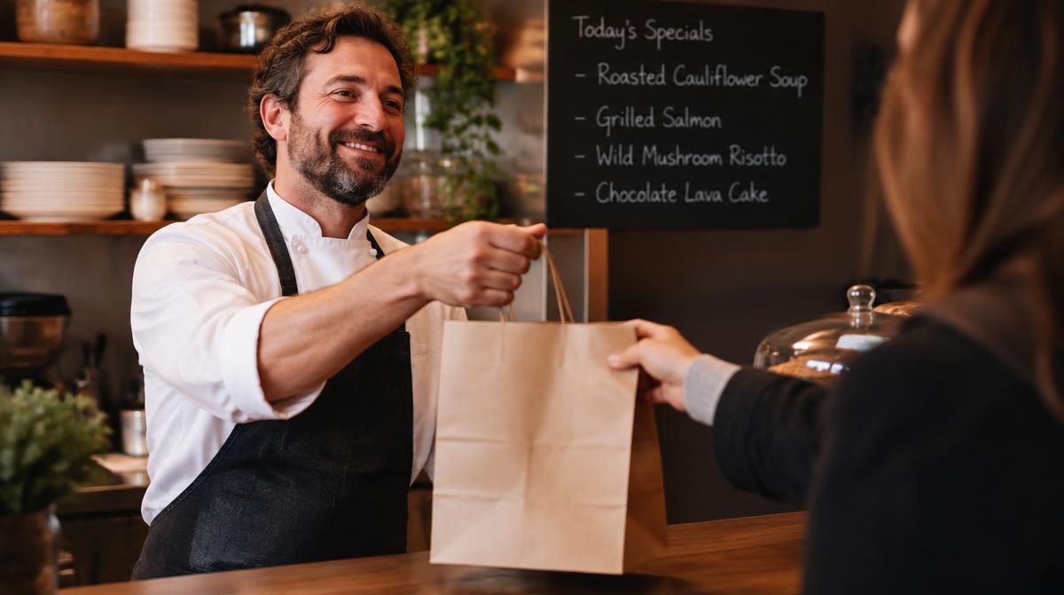 Chef souriant tendant un sac de commande à emporter à une cliente au comptoir