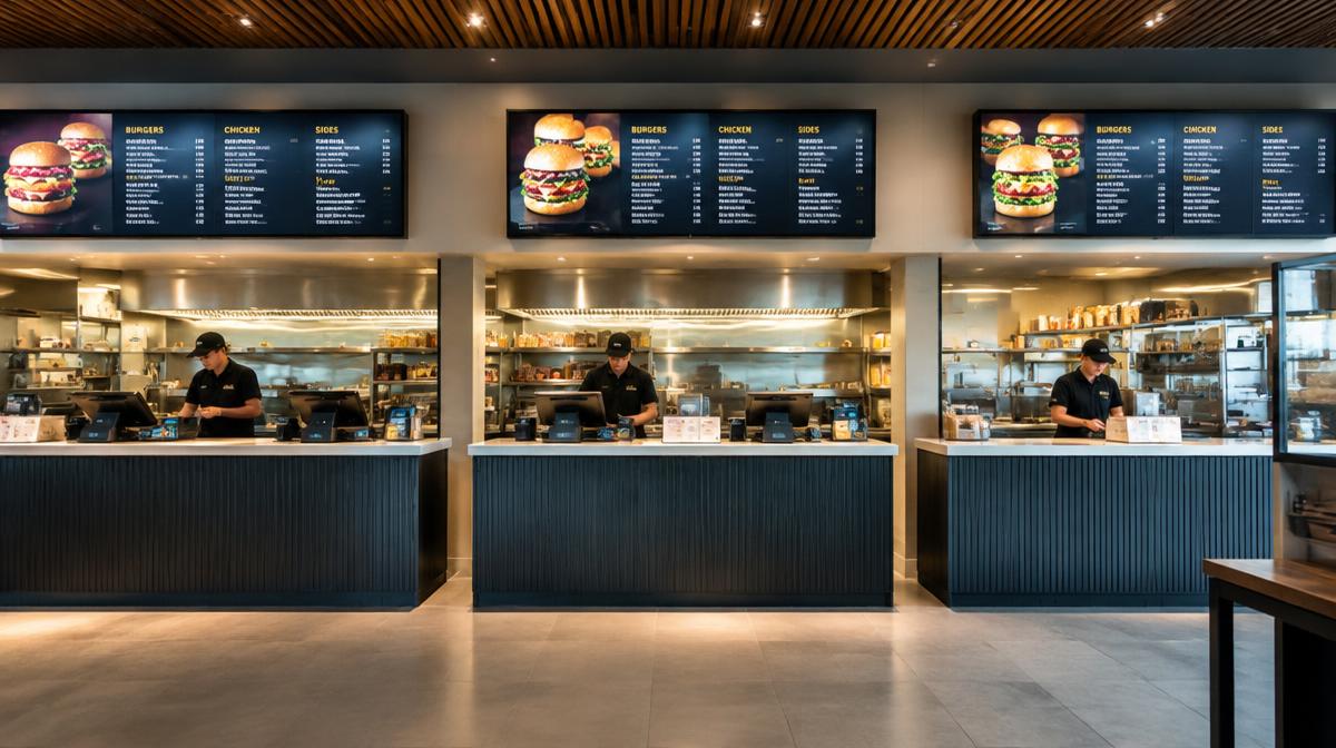 Intérieur d'un restaurant de chaîne avec trois comptoirs identiques et écrans de menu
