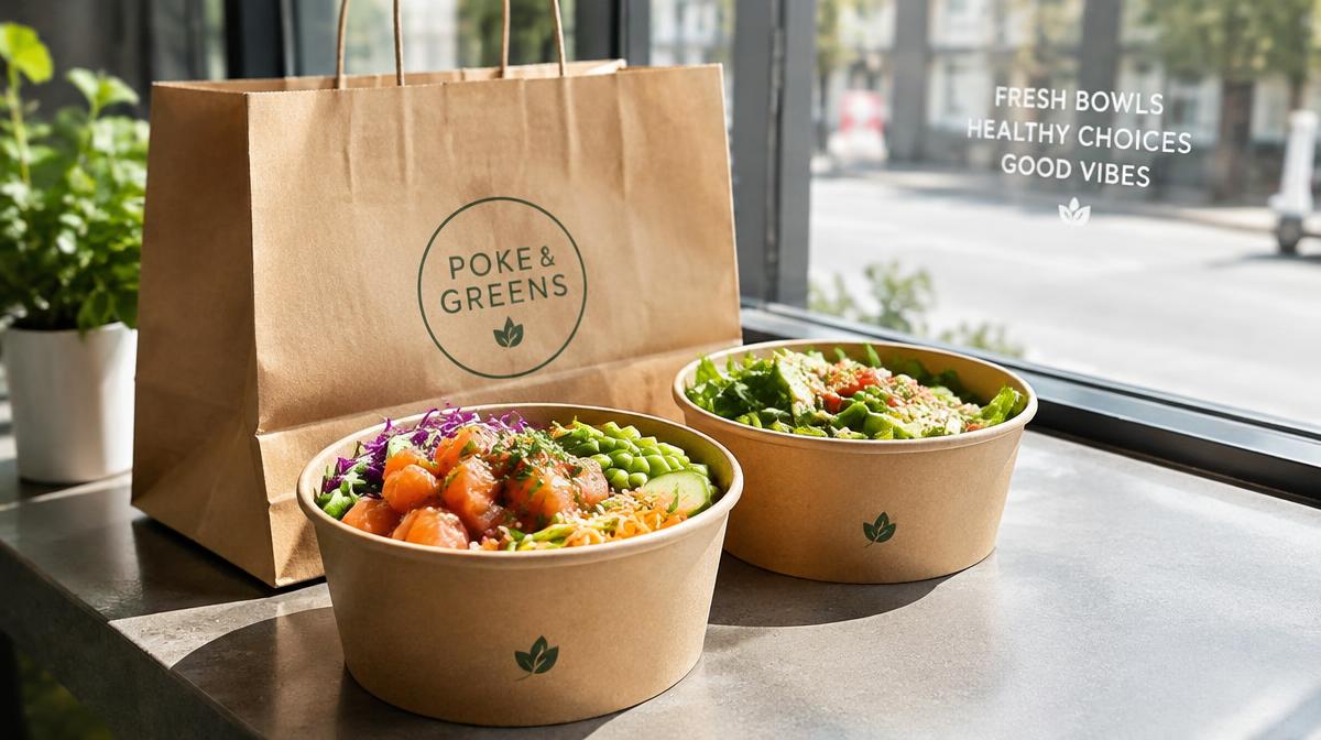 Bols de poké et de salade avec un sac kraft sur un comptoir près d'une vitrine