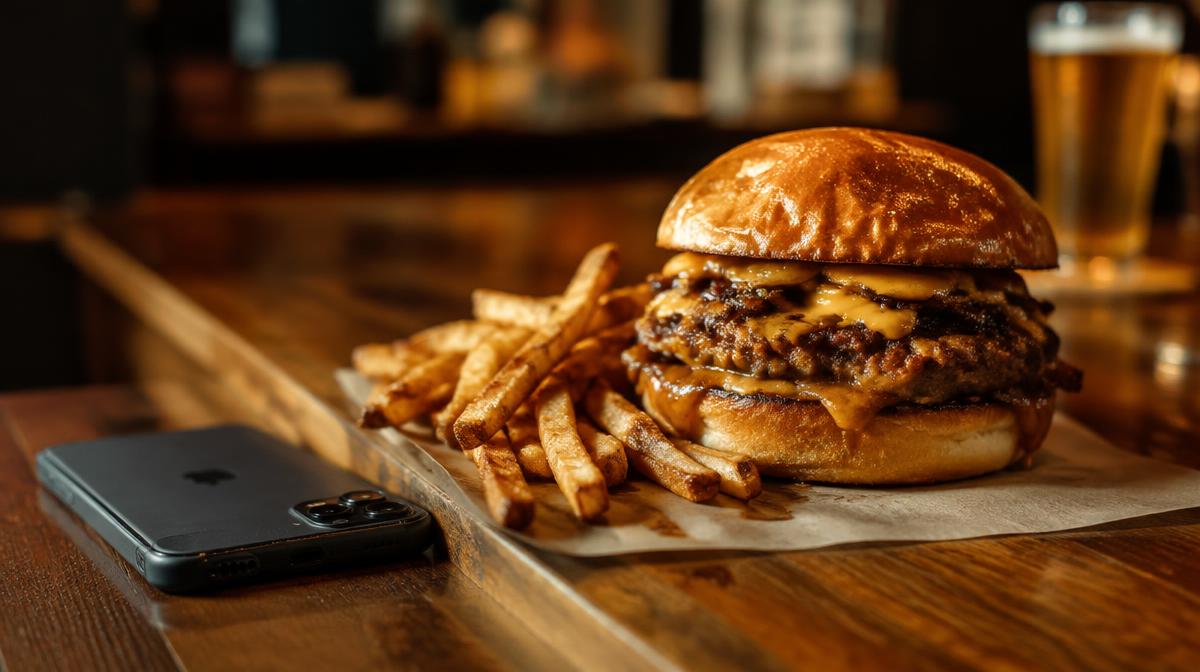 Smash burger et frites posés sur un comptoir en bois à côté d'un smartphone