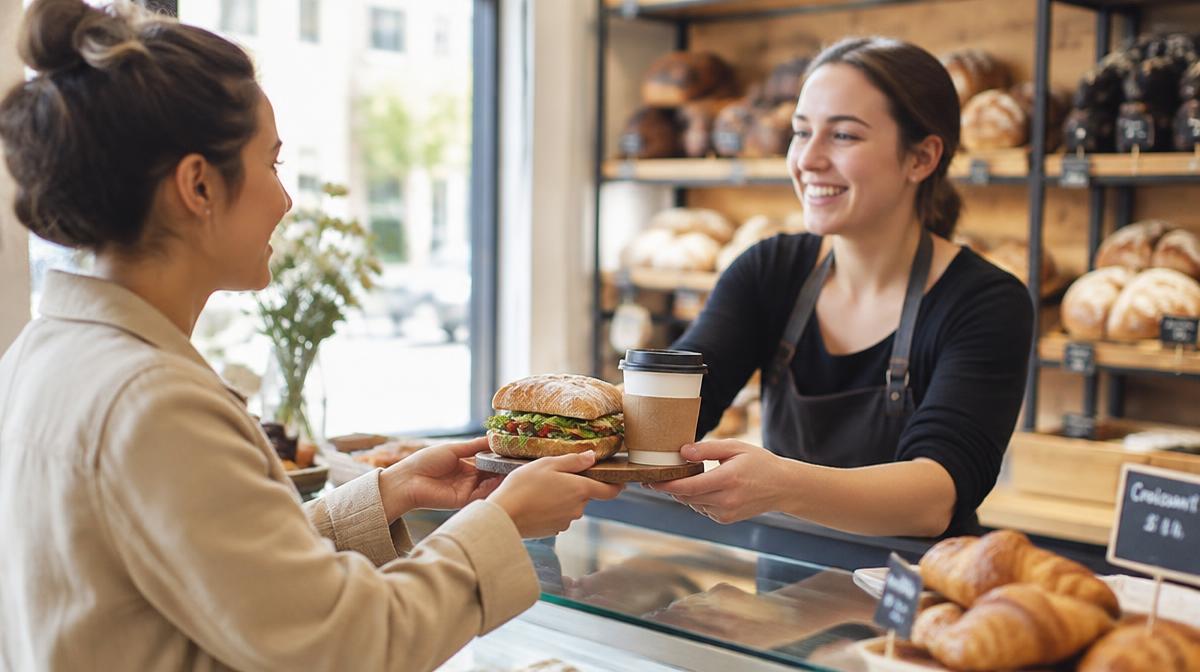 Boulangère souriante tendant un sandwich et un café à une cliente habituée