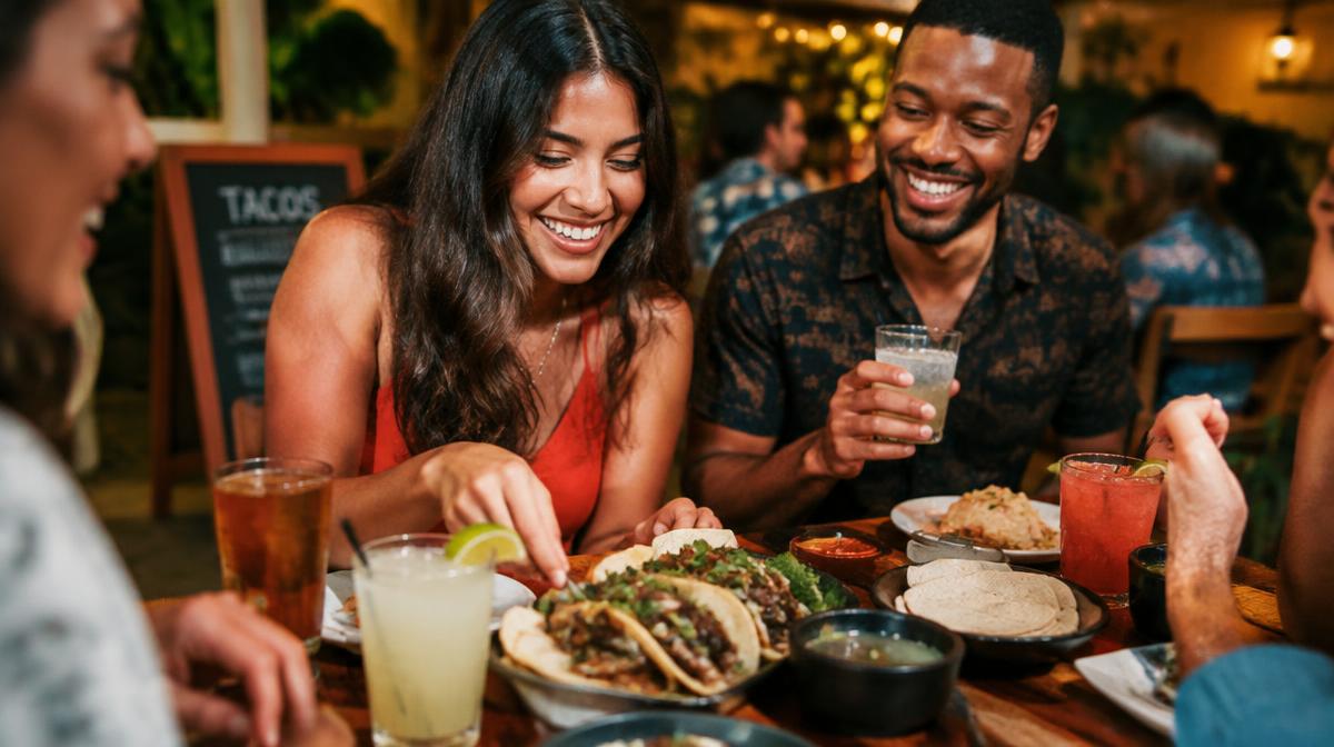 Groupe d'amis partageant des tacos et des boissons dans un restaurant animé
