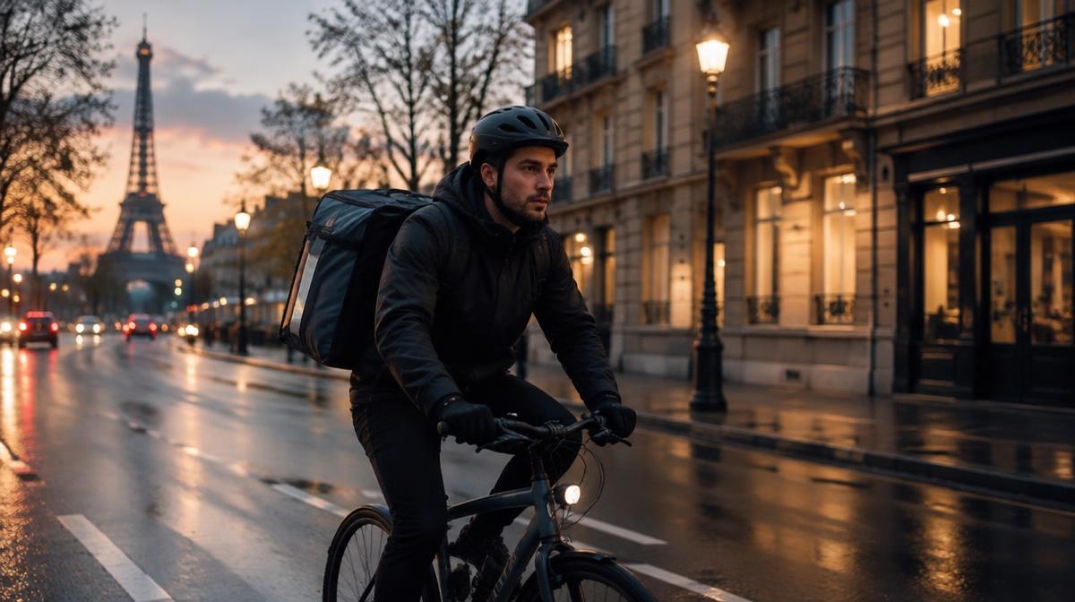 Coursier à vélo avec un sac isotherme dans une rue parisienne au crépuscule