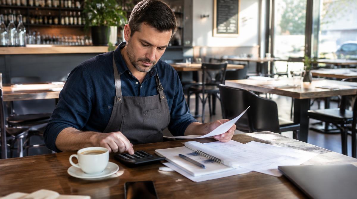 Restaurateur faisant ses comptes avec une calculatrice dans sa salle vide le matin