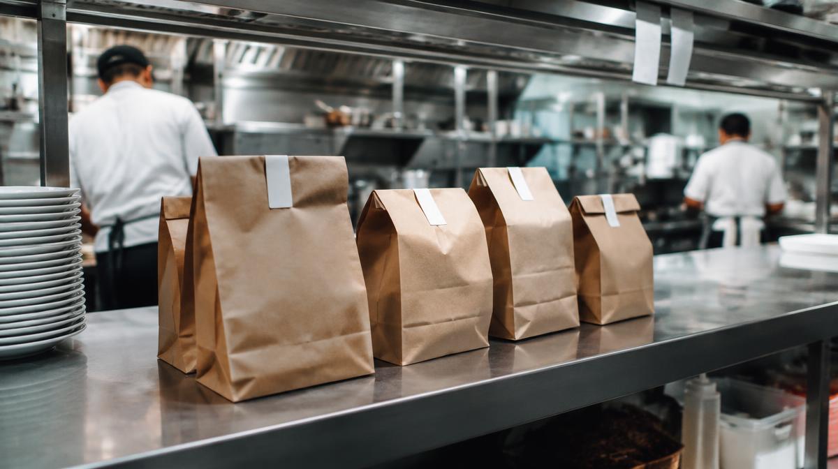 Sacs kraft de commandes alignés sur le passe d'une cuisine de restaurant
