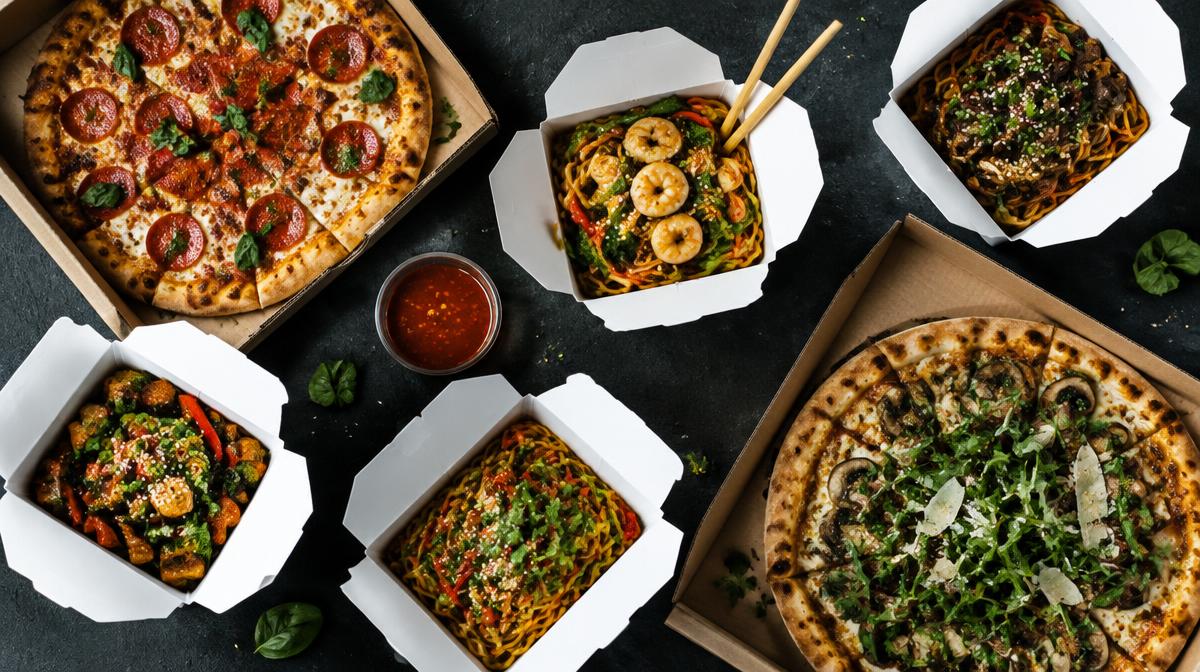 Vue de dessus de pizzas et de boîtes de nouilles à emporter sur une table sombre
