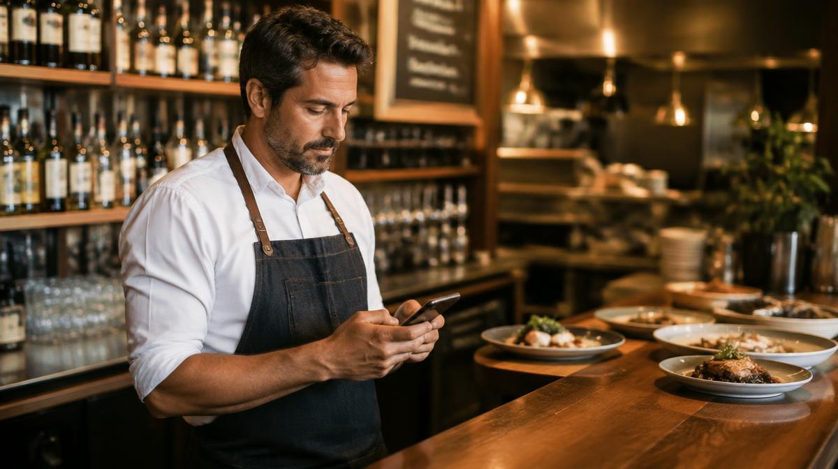Restaurateur en tablier consultant son smartphone derrière le bar